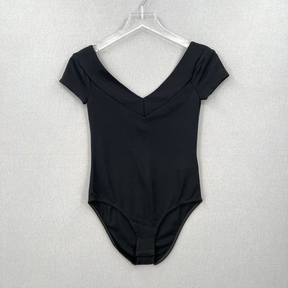 MAJE Off the Shoulder Bodysuit Womens 1 Small Black Double V-neck Short Sleeve - Picture 2 of 15